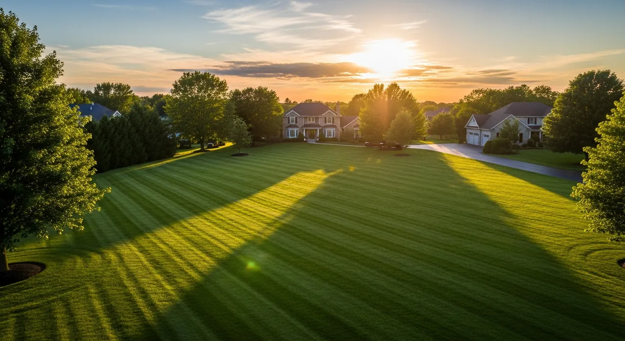 Perfectly manicured lush green lawn with diagonal mowing stripes