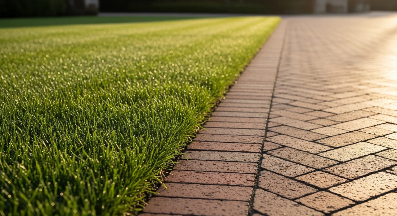 Beautifully edged lawn with crisp clean borders along a brick driveway