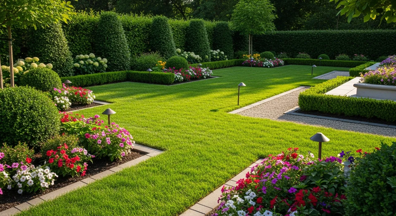 Lush green backyard with decorative garden beds and trimmed hedges