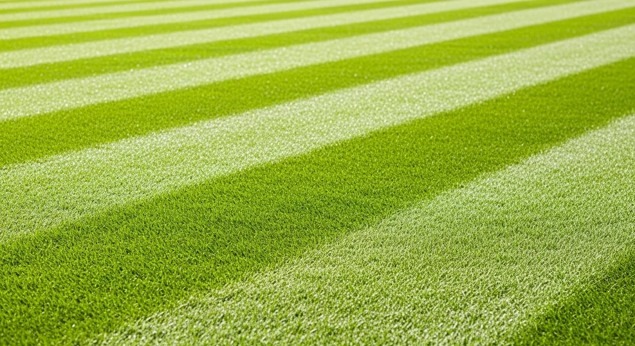 Close-up of perfectly cut lawn mowing stripes, vibrant green grass