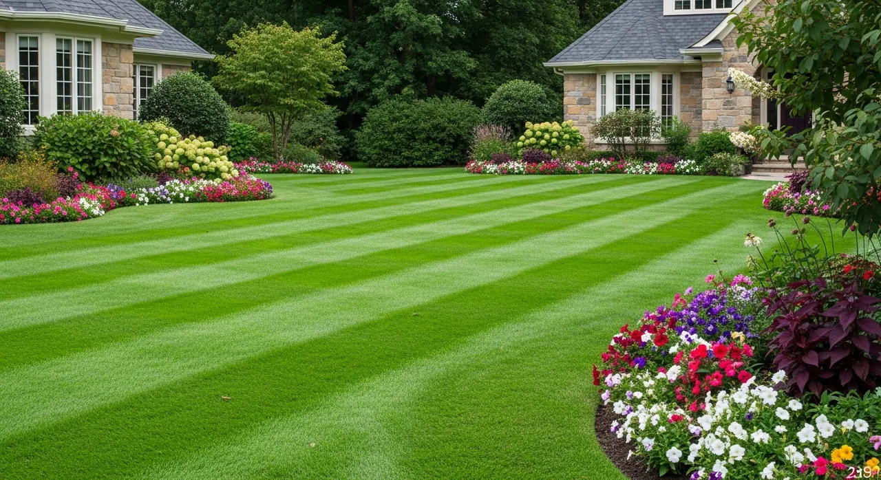 Stunning front yard with diagonal mowing stripes and flower borders
