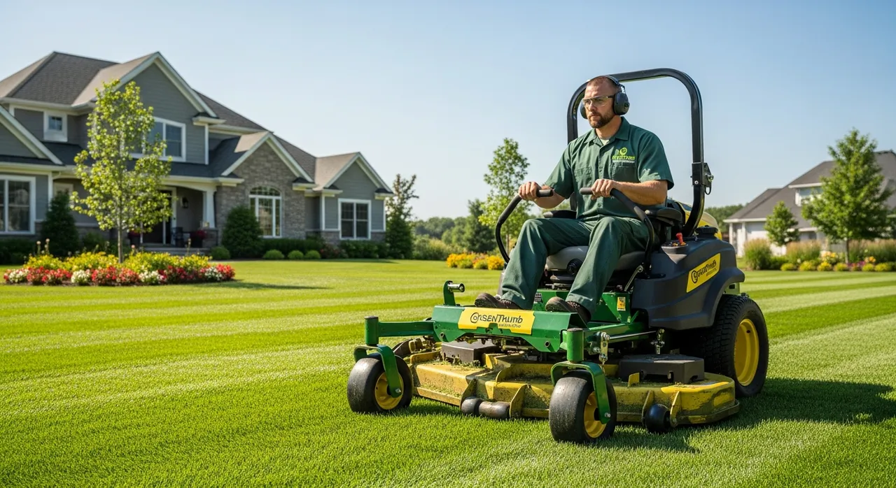 Professional lawn care team mowing a residential lawn